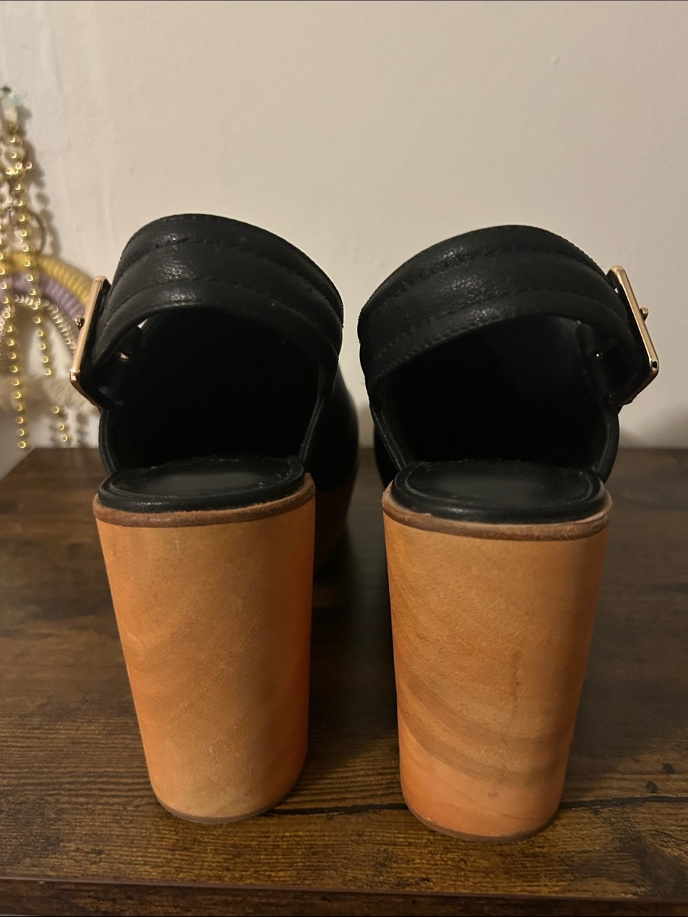 Charlotte Stone Black Leather Platform Clogs with Tan Wood-Look Sole - Picture 4 of 6